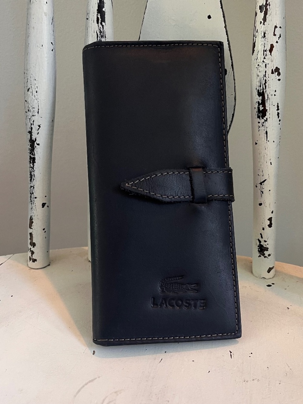Lacoste Black Leather Wallet – Strap Closure -Continental Bifold Checkbook Style
